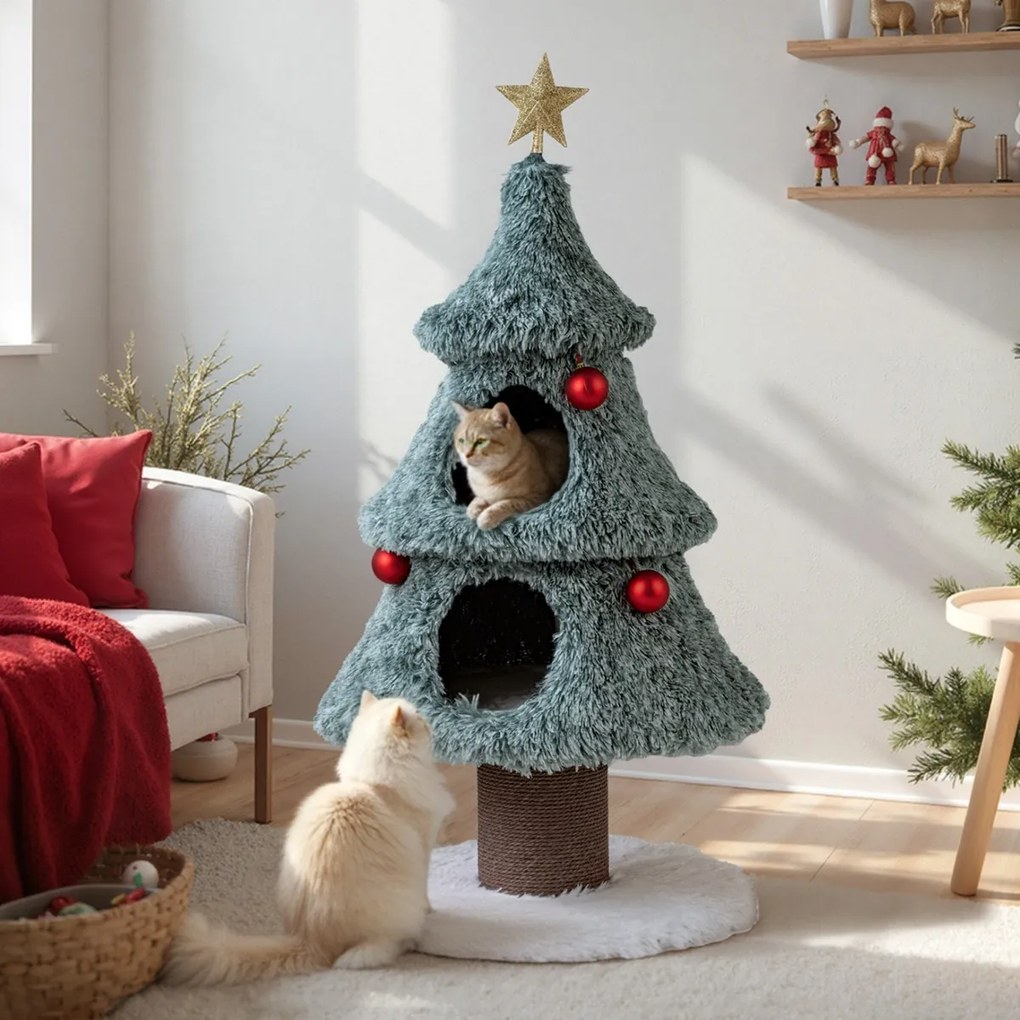 Arranhador em forma Árvore de Natal para gatos de interior 59 x 59 x 123 cm com 2 cavernas e Bolas pendentes verde