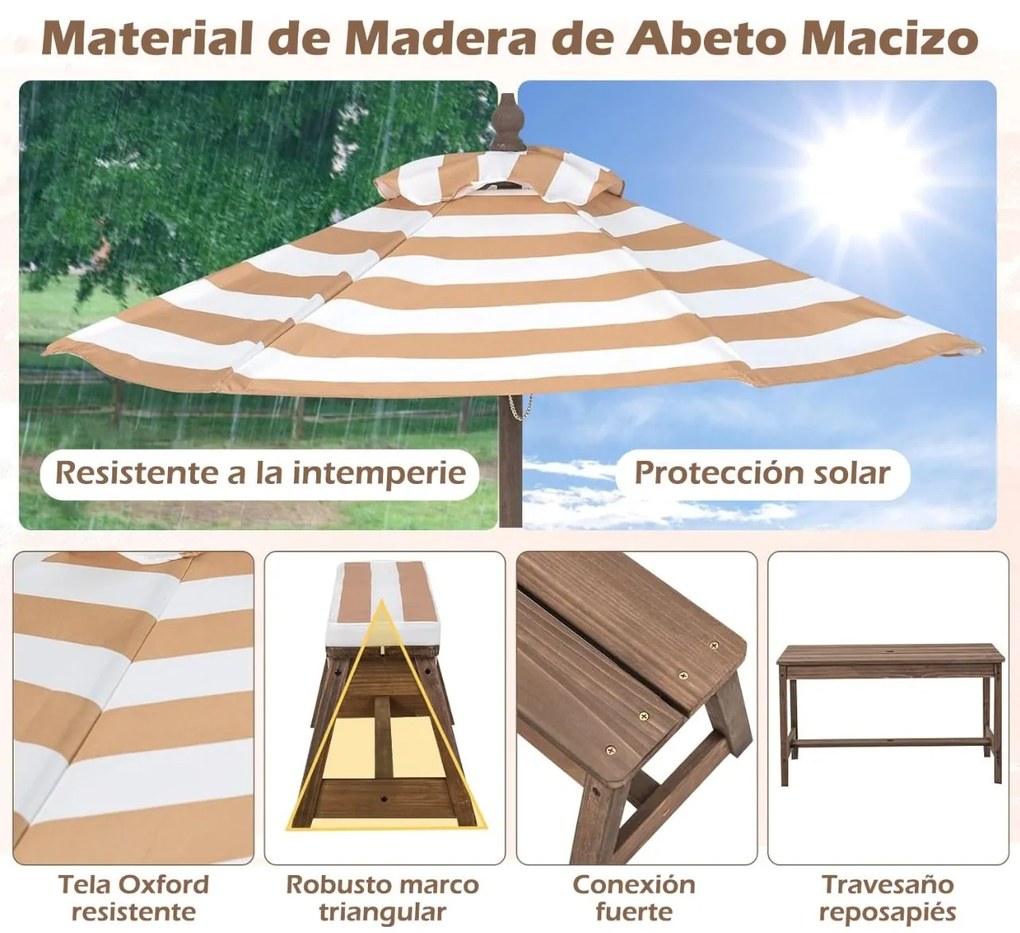 Mesa de piquenique infantil com guarda-sol Conjunto de mesa e banco de madeira com almofadas para exterior, jardim e pátio Castanho
