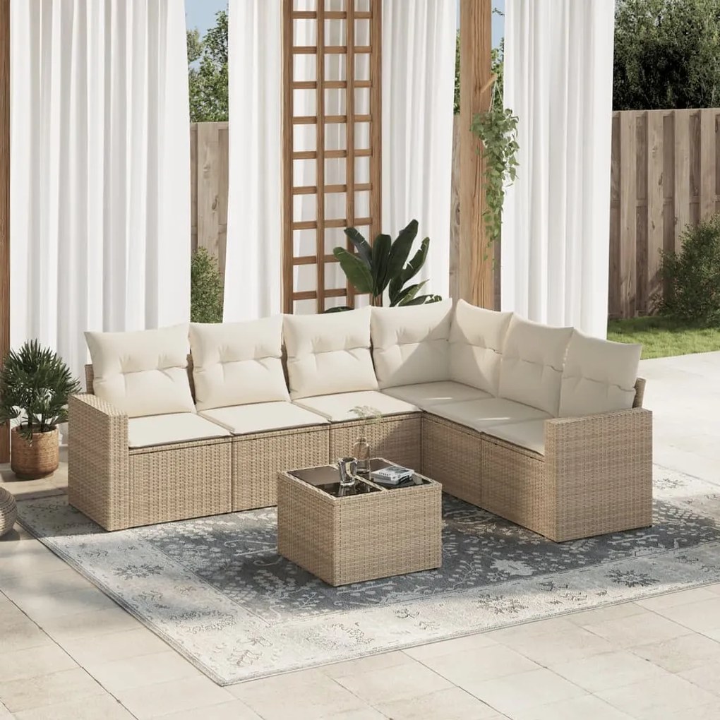 7 pcs conjunto de sofás p/ jardim com almofadões vime PE bege