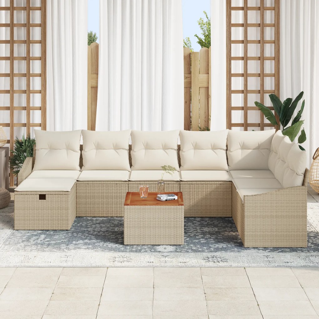 Conjunto de Sofá para Jardim de 9 Peças com Almofadas Bege de Rattan P