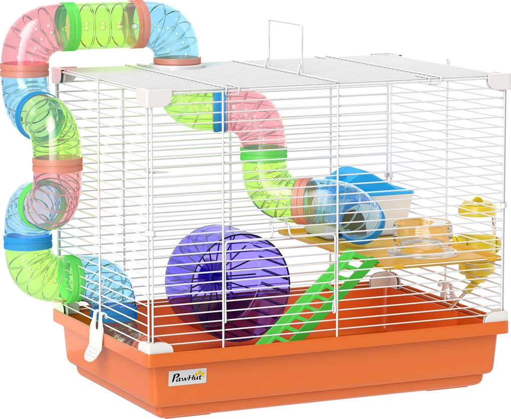 Gaiola para Hamster com Túnel Prato Bebedouro Casinha Rampa Roda de Exercício Bandeja Removível 46x30x37 cm Laranja
