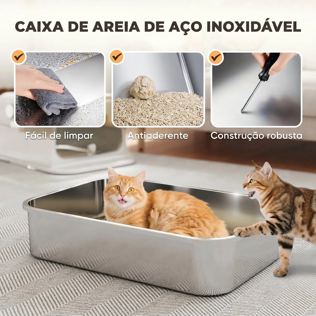 Caixa de Areia para Gatos XXL em Aço Inoxidável com Tampa Basculante, Laterais Altas e Entrada Superior - Branco