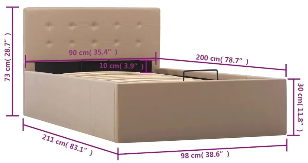 Cama hidráulica c/ arrumação 90x200cm couro artif. cappuccino