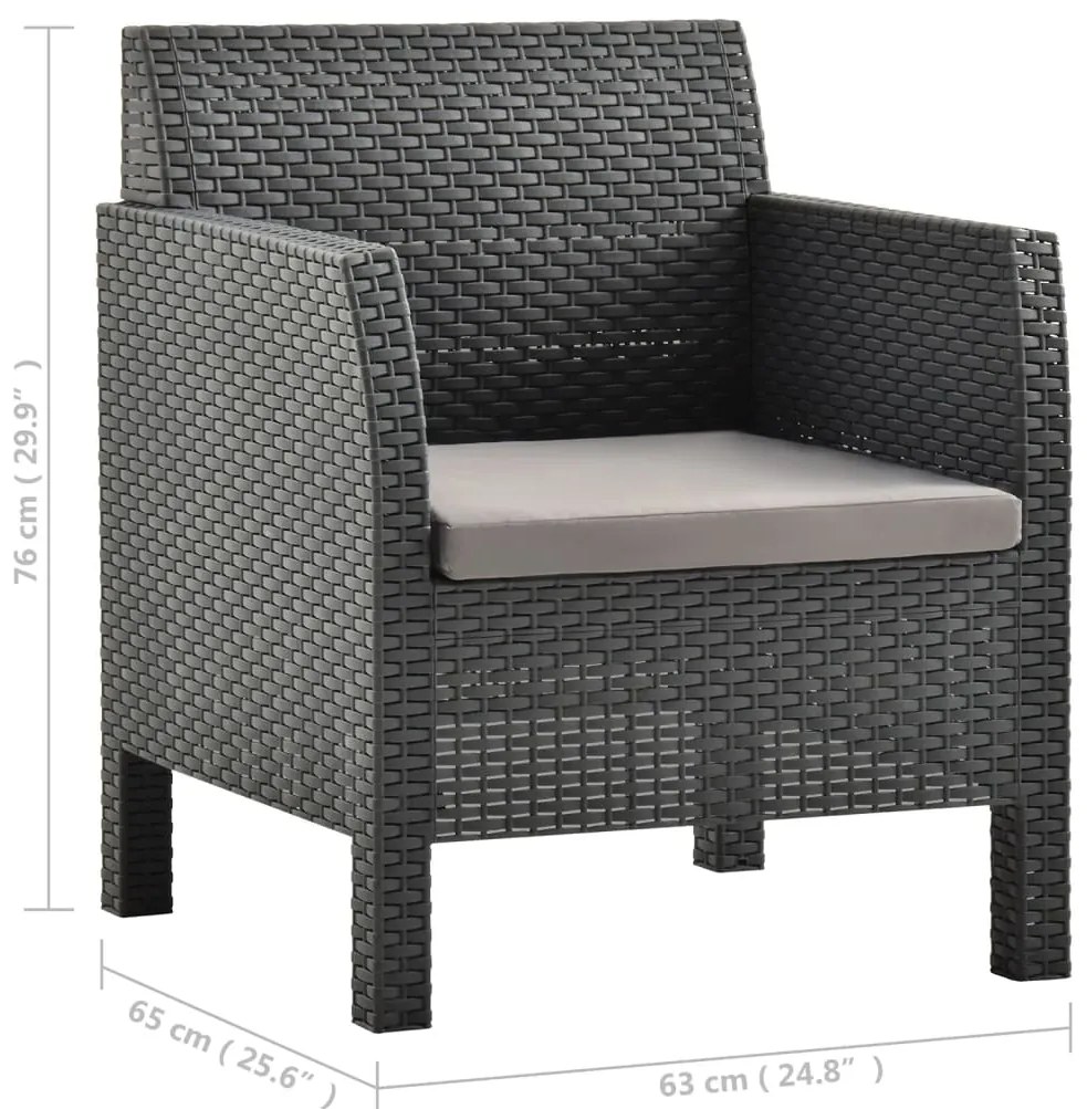 3 pcs conjunto lounge jardim com almofadões vime PP antracite