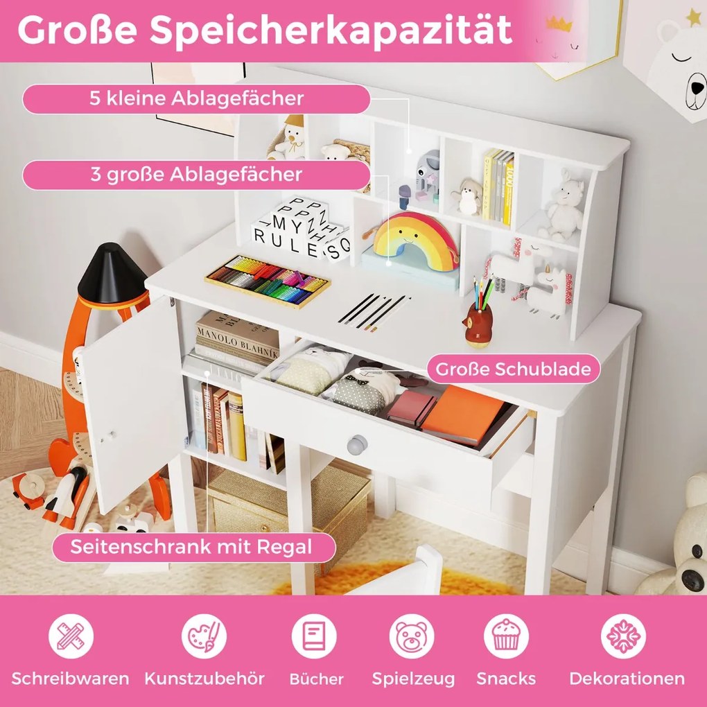 Secretária infantil com cadeira para crianças com gaveta, armário e estante 79 x 34 x 91 cm Branca