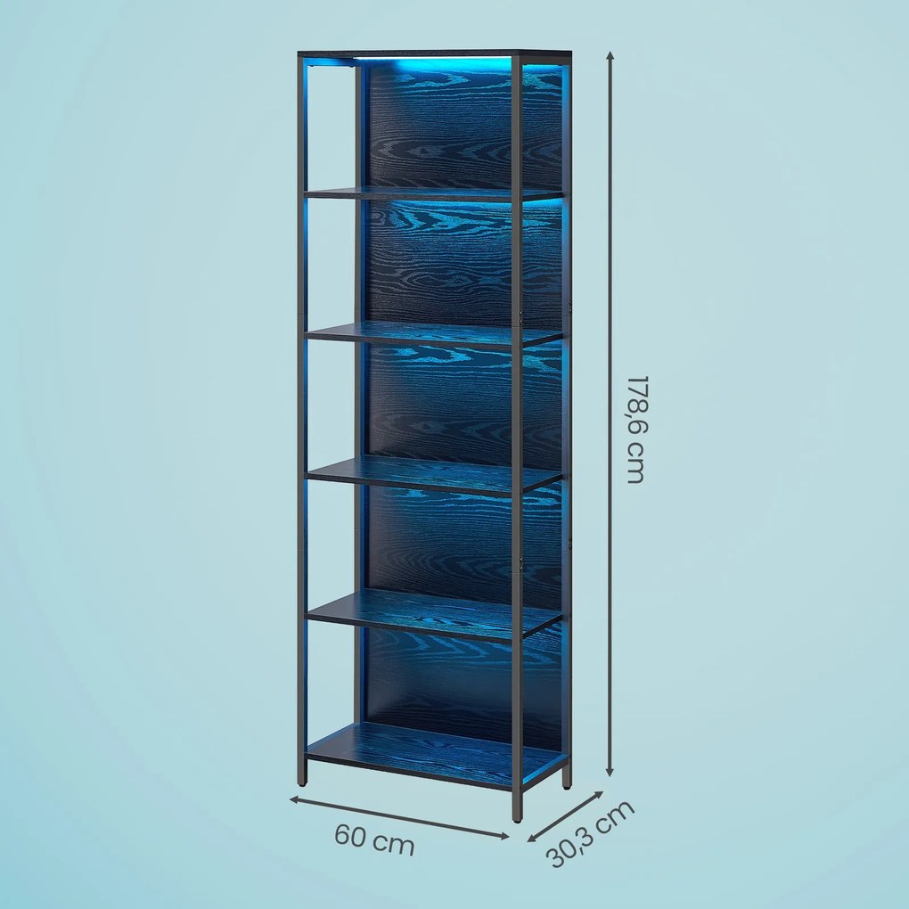 Estante de 6 prateleiras com luzes LED ajustáveis 30,3 x 60 x 178 cm preta