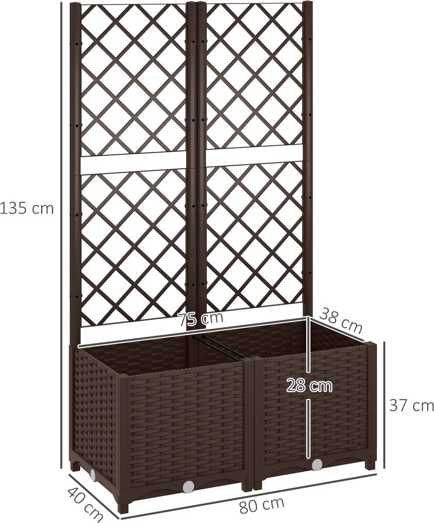 Floreira com treliça, canteiro elevado, para exterior, com 6 orifícios de drenagem, 80 x 40 x 135 cm, castanho
