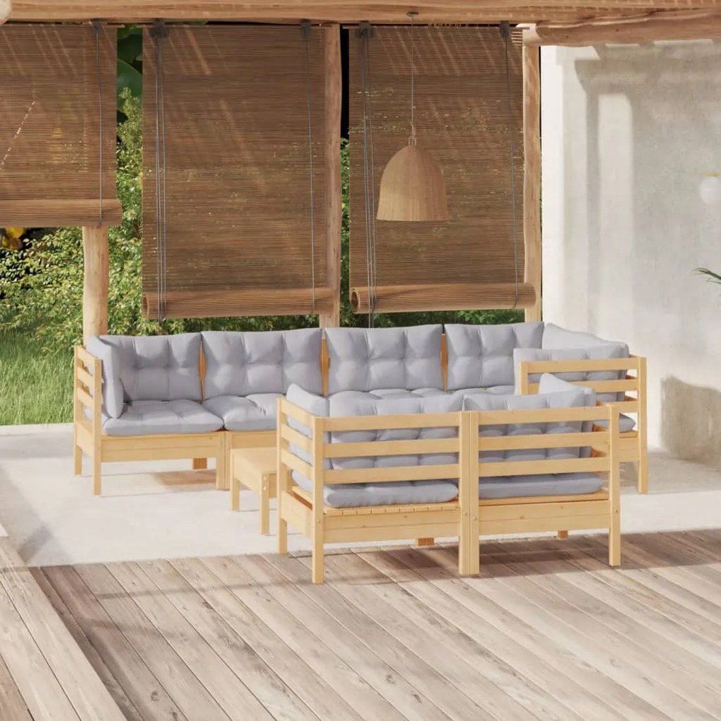 vidaXL 8 pcs conjunto lounge de jardim + almofadões cinza pinho maciço