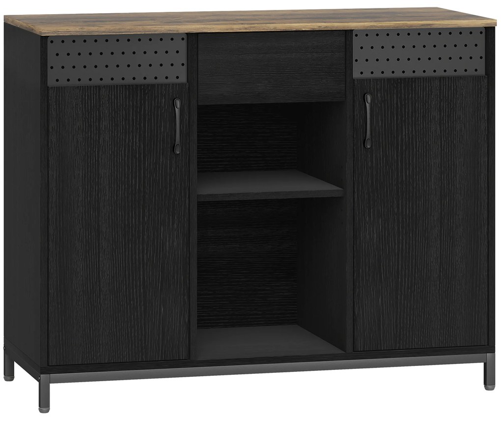 Aparador de 2 Portas com Orifícios 2 Compartimentos e Gaveta Prateleiras Ajustáveis 100x40x80 cm Preto e Castanho Rústico