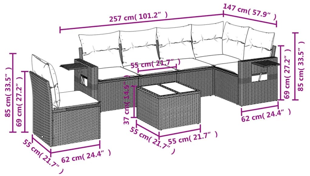 7 pcs conj. sofás jardim com almofadões vime PE cinzento-claro