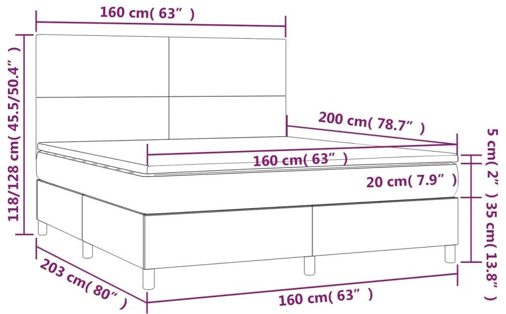 Cama box spring c/ colchão/LED 160x200 cm veludo verde-escuro