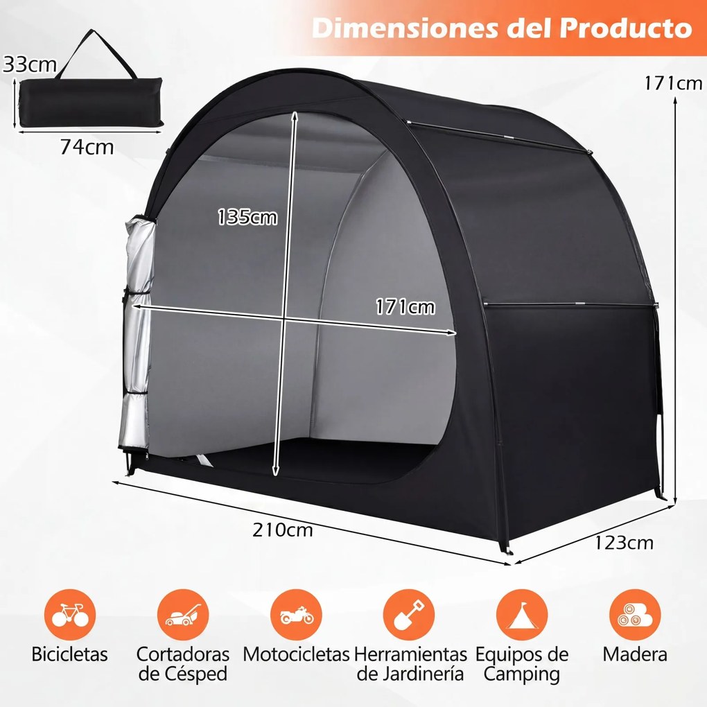 Abrigo para Bicicletas, 210 x 123 x 171 cm, Impermeável, Preto