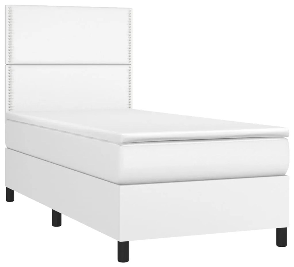 Cama box spring c/ colchão/LED 90x200cm couro artificial branco