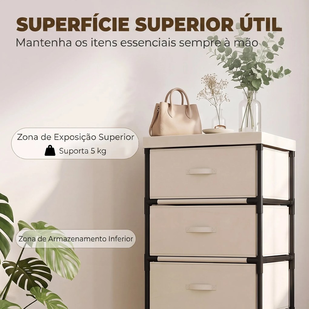 Cómoda de Quarto com 5 Gavetas em Tecido e Estrutura de Aço Gaveteiro para Sala Escritório Bege