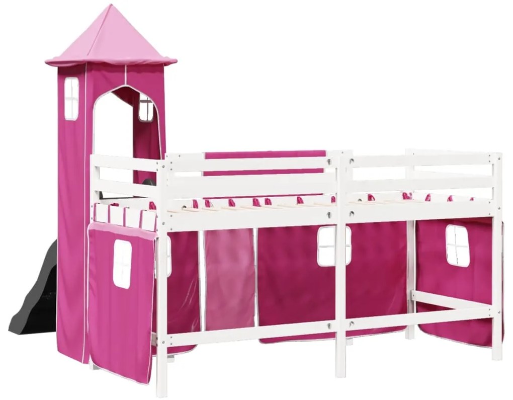 Cama alta para criança com torre 90x190 cm pinho maciço rosa