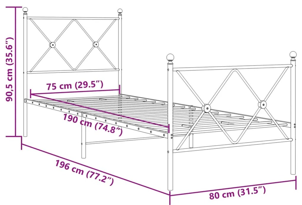 Estrutura de cama com cabeceira e pés 75x190 cm metal branco