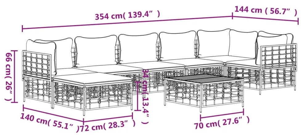 8 pcs conjunto lounge de jardim c/ almofadões vime PE antracite