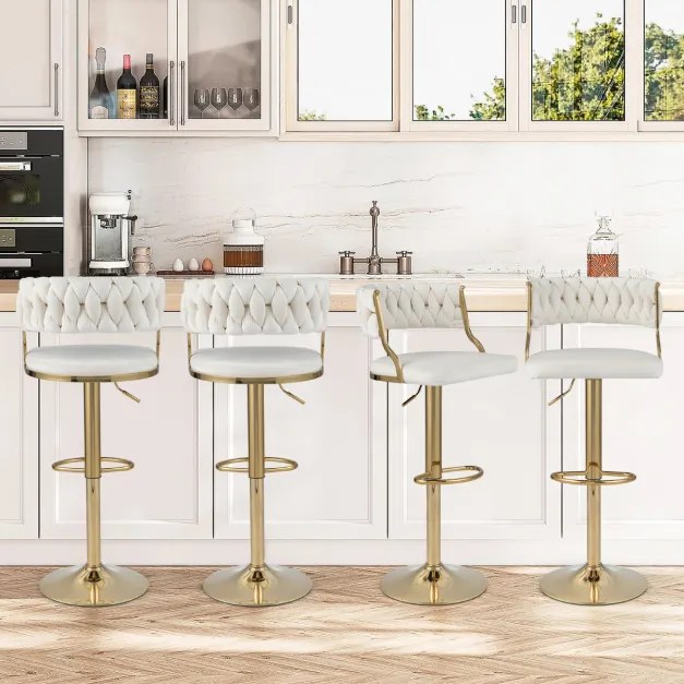 2 bancos de cozinha altos em veludo, altura regulável, giratórios com apoio para pés, para sala de jantar, café, bar, 48 x 47 x 85-107 cm, branco