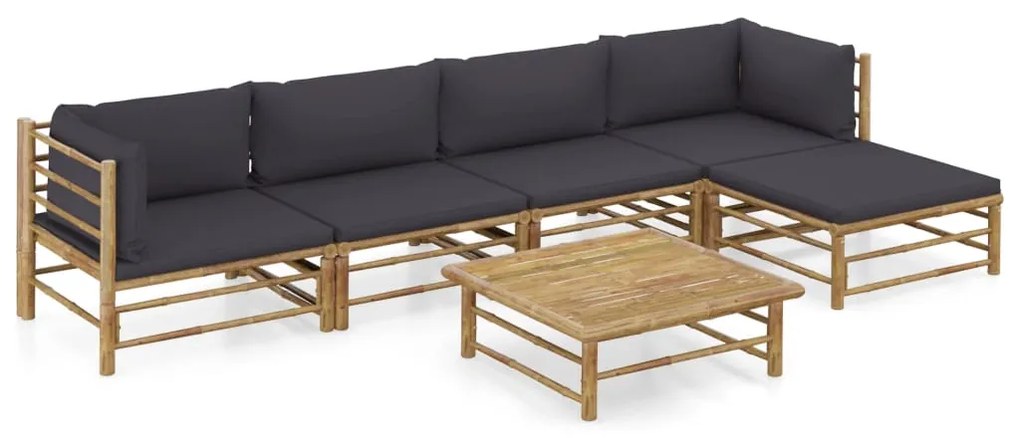 6 pcs conj. lounge jardim em bambu c/ almofadões cinza-escuro