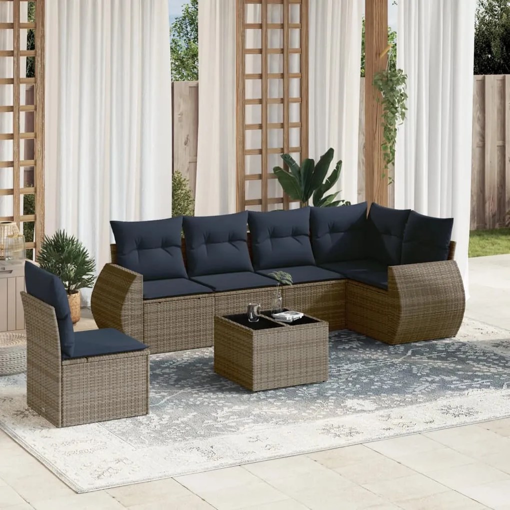 vidaXL 7 pcs conjunto sofás p/ jardim c/ almofadões vime PE cinzento