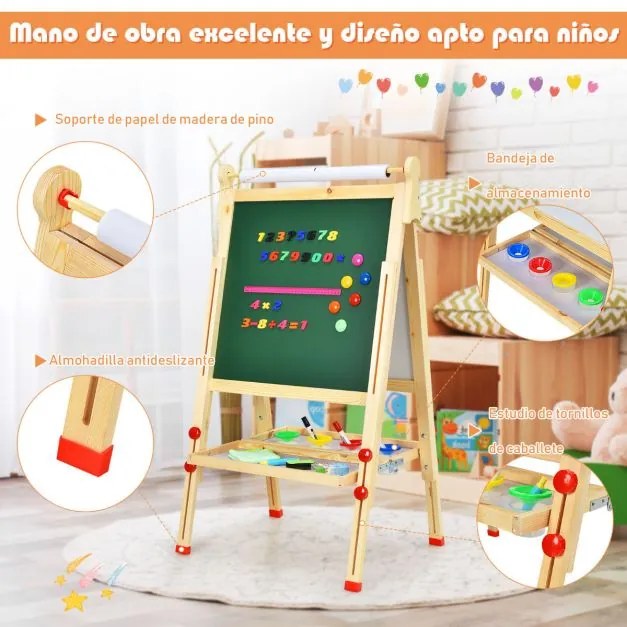 Quadro brincar infantil de dupla face 3 em 1 com quadro branco e quadro negro Rolo de papel ajustável em altura com acessórios completos