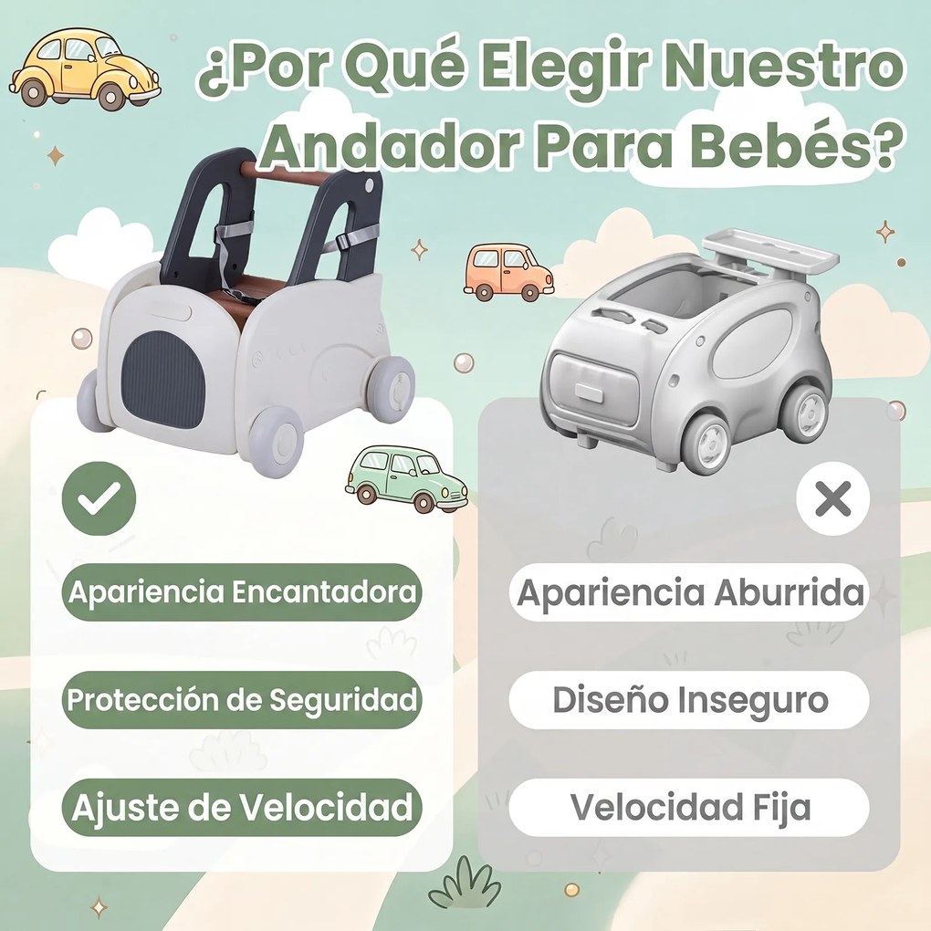 Andador de Empurrar 4 em 1 para Bebés, 46,5 x 44,5 x 51 cm, Assento Rebatível, Cinzento+Branco