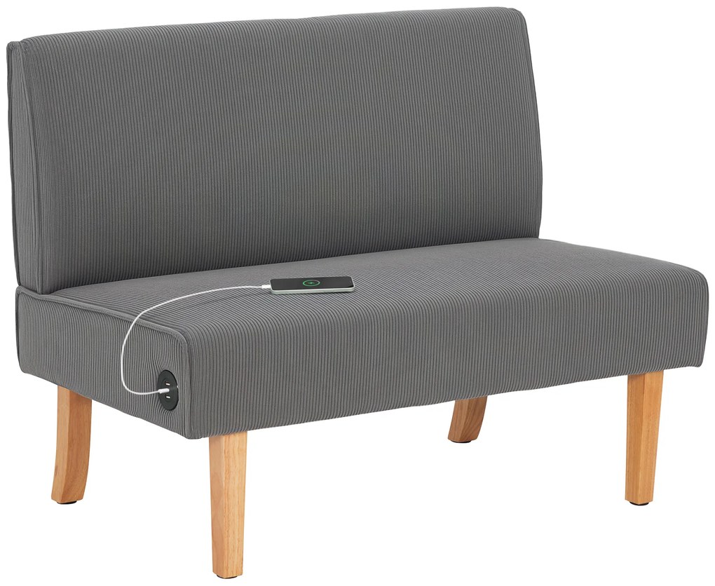 HOMCOM Sofá de 2 Lugares Estofado em Veludo Cotelê Sofá Sala de Estar com 2 Entradas USB 1 Entrada Tipo C 110x60x85 cm Cinza