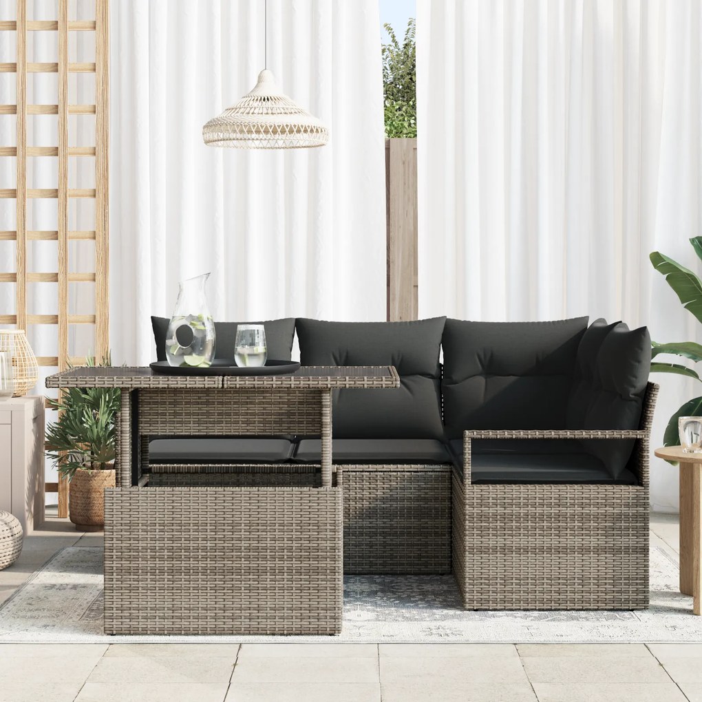 Conjunto de Sofá de Jardim de 5 Peças com Almofadas Cinza de Rattan Po