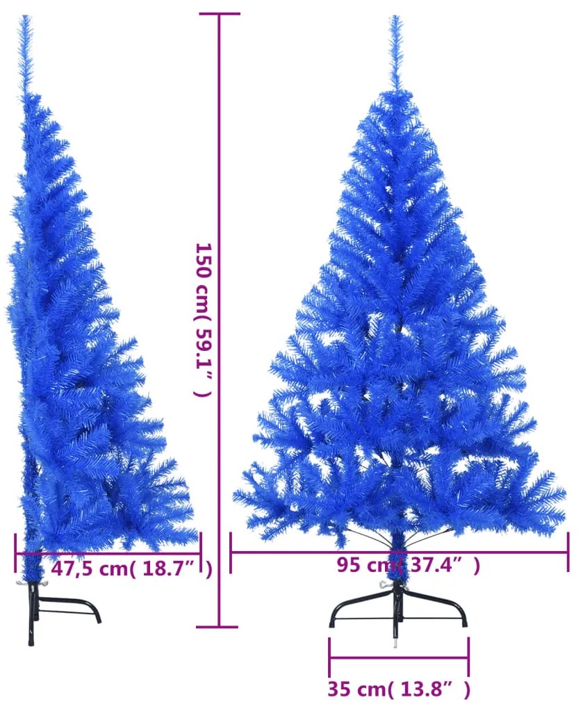 Meia árvore de Natal artificial com suporte 150 cm PVC azul