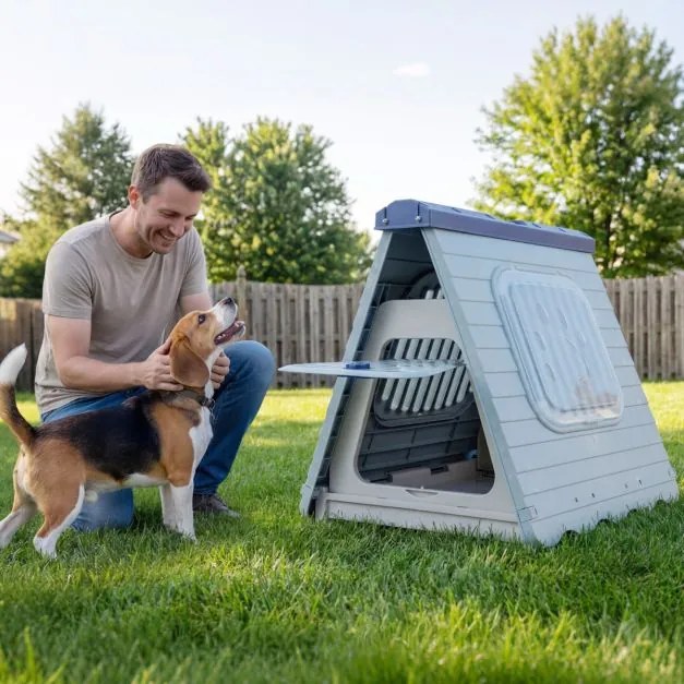 Casota para caes dobrável de plástico impermeável para cães 72 x 60 x 68 cm, com porta com aba e fecho, janelas, portátil, para interior e exterior, p