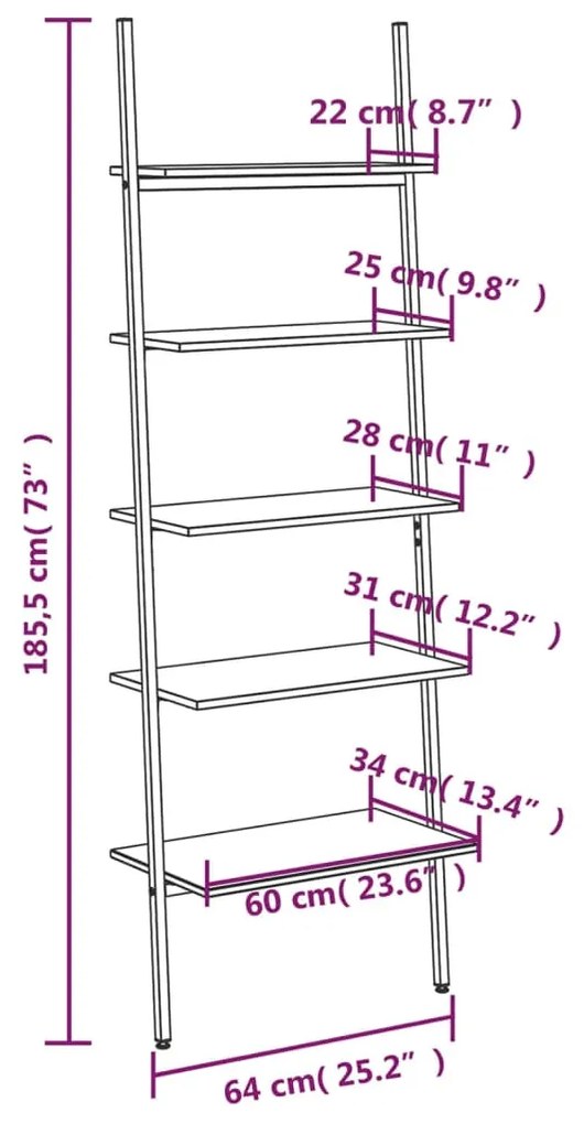 Unidade 5 prateleiras inclinada 64x34x185,5 cm preto