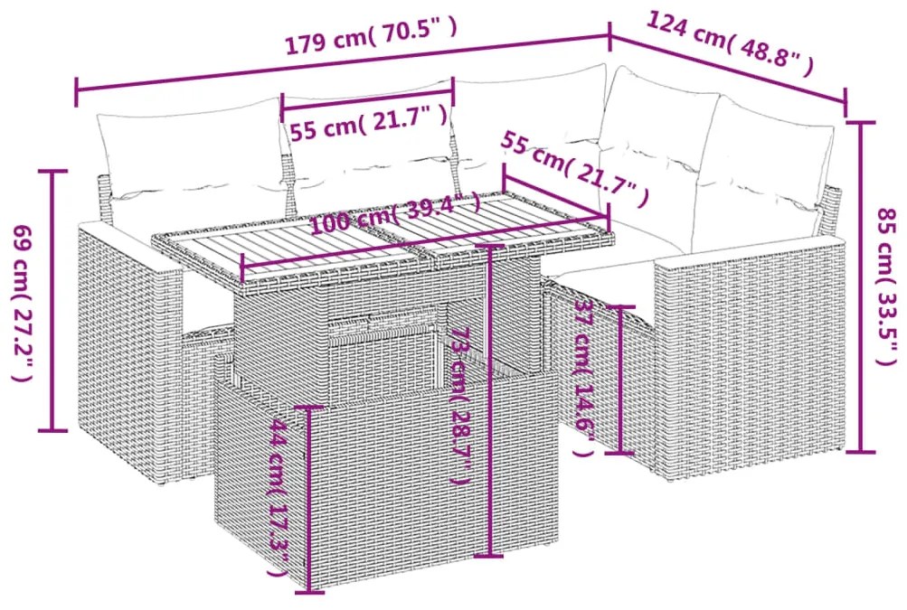 5 pcs conjunto sofás de jardim c/ almofadões vime PE cinzento