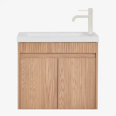 Conjunto De Móvel De Casa De Banho Suspenso Em Madeira Com Lavatório Integrado Narek Castanho Fresno & Sem Espelho & Tapioca - Sklum