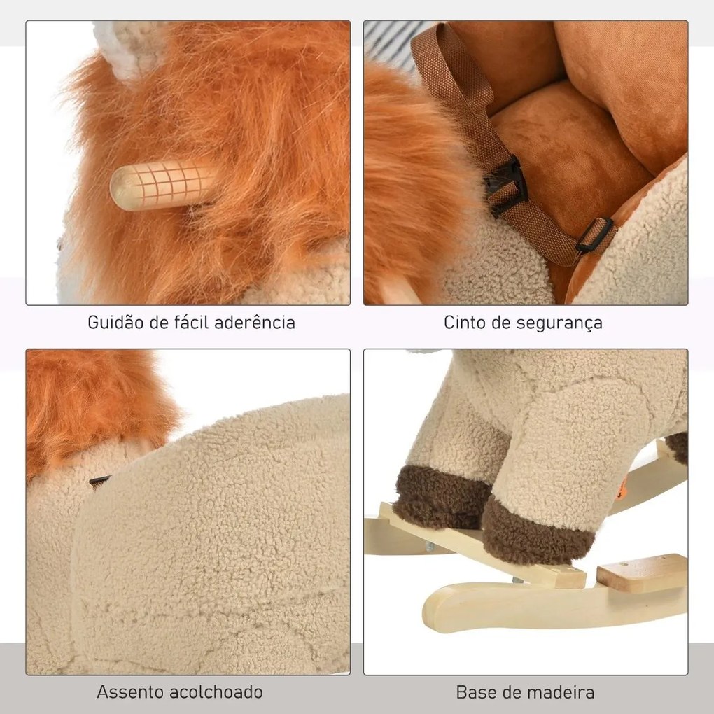 Baloiço Infantil em Forma de Leão de Pelúcia para Bebés 18-39 Meses com Som Cinto de Segurança Guidão Apoio para os Pés 68x35x50cm Castanho