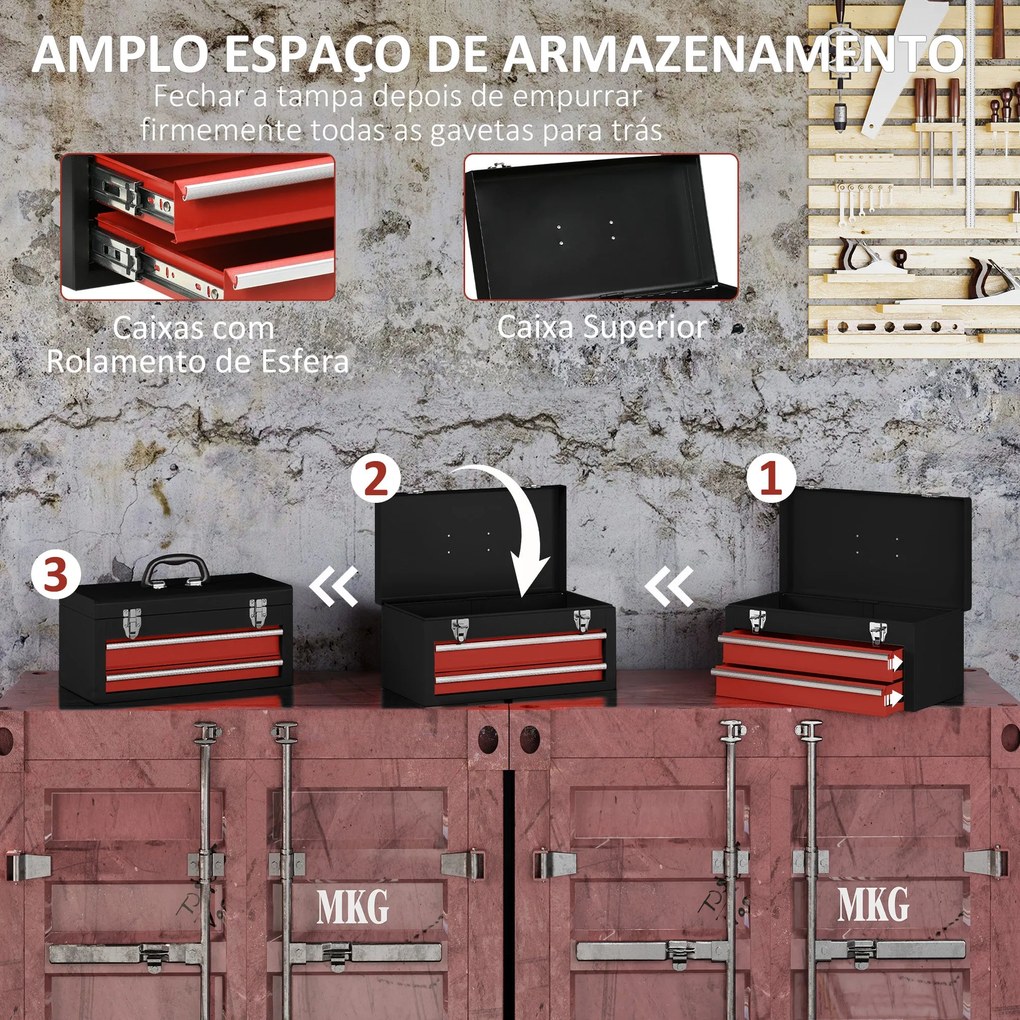DURHAND Caixa de Ferramentas de Aço com 2 Gavetas Tampa Abatível e Fec