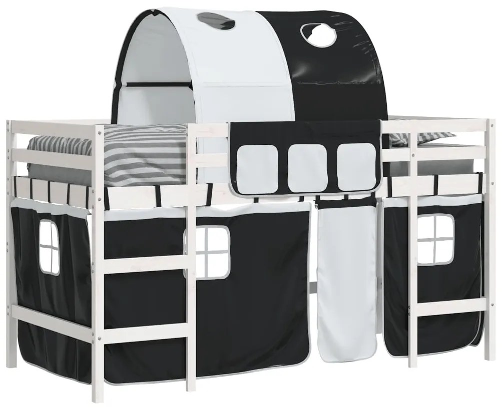 Cama alta criança c/ túnel 80x200 cm pinho maciço branco/preto