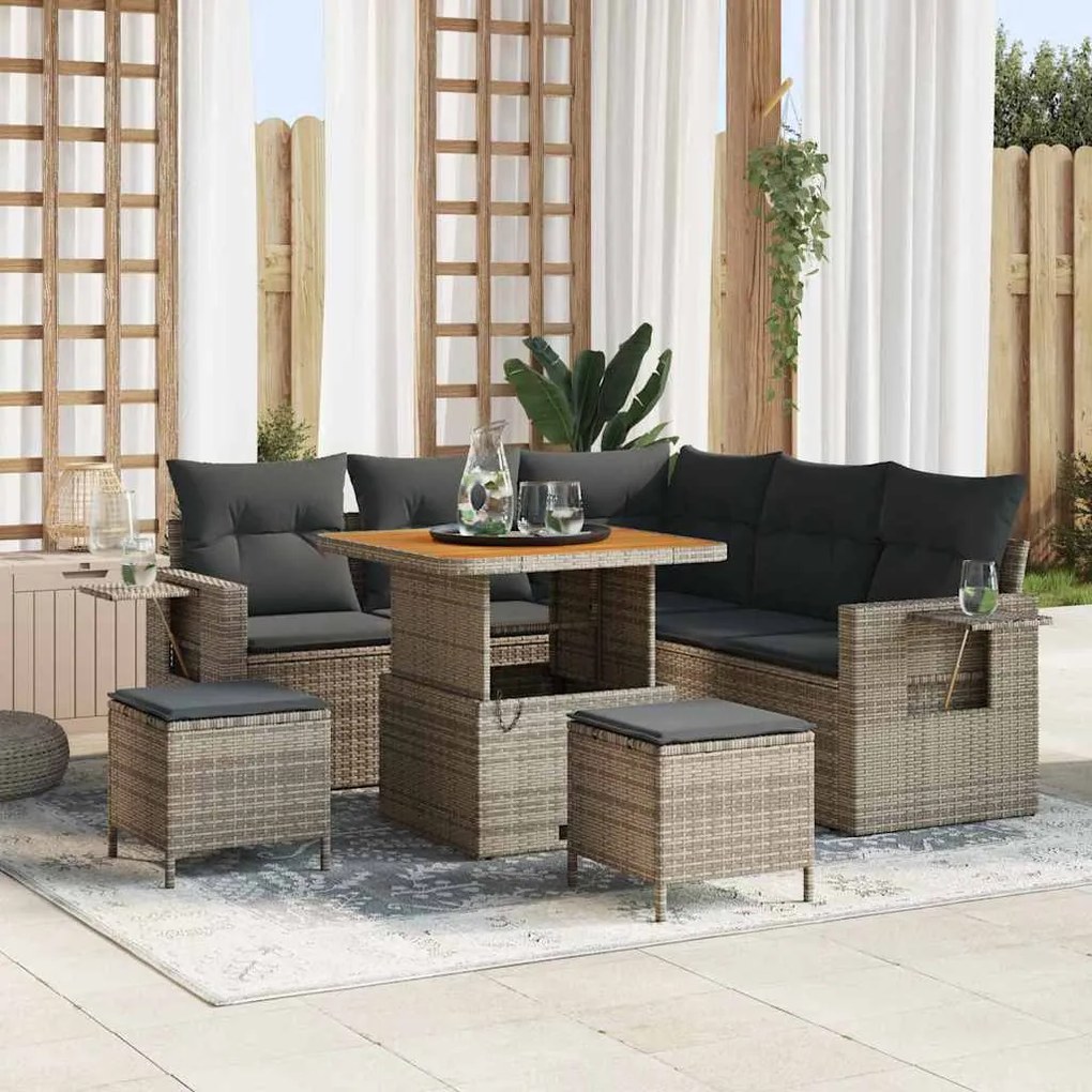 vidaXL Conjunto de Sofá de Jardim em 8 peças com almofadas cinza de polyrattan e acácia