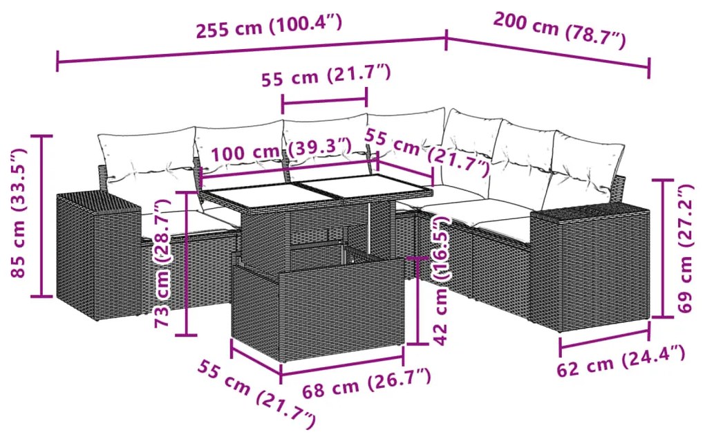 7 pcs conj. sofás jardim com almofadões vime PE cinzento-claro