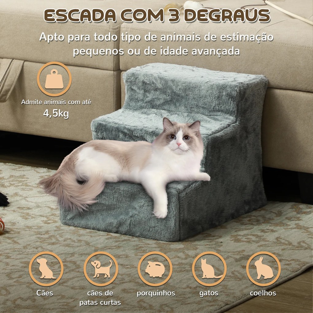 Escada para Animais de Estimação com 3 Degraus 2 em 1 com Capa Removível e Lavável Escada para Cães Gatos 35x46x35 cm Cinza