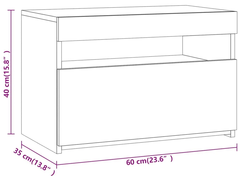 Mesa de cabeceira c/ LEDs 60x35x40 cm carvalho castanho
