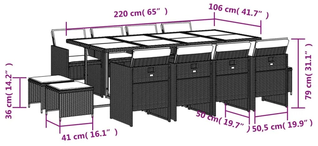 13 pcs conjunto jantar p/ jardim c/ almofadões vime PE cinzento