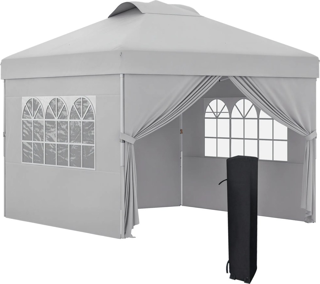 Tenda pop-up dobrável 3 x 3, altura ajustável, paredes laterais, aberturas de ventilação, janelas, saco de transporte com Rodas cinzento claro