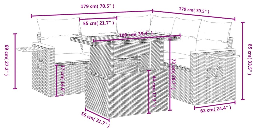 6 pcs conjunto sofás de jardim c/ almofadões vime PE preto