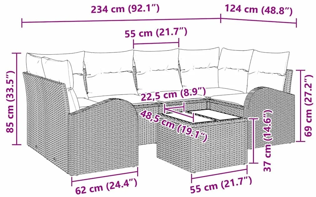 Conjunto de Sofá de Jardim 7 Peças com Almofadas Cinzas em Rattan Sint