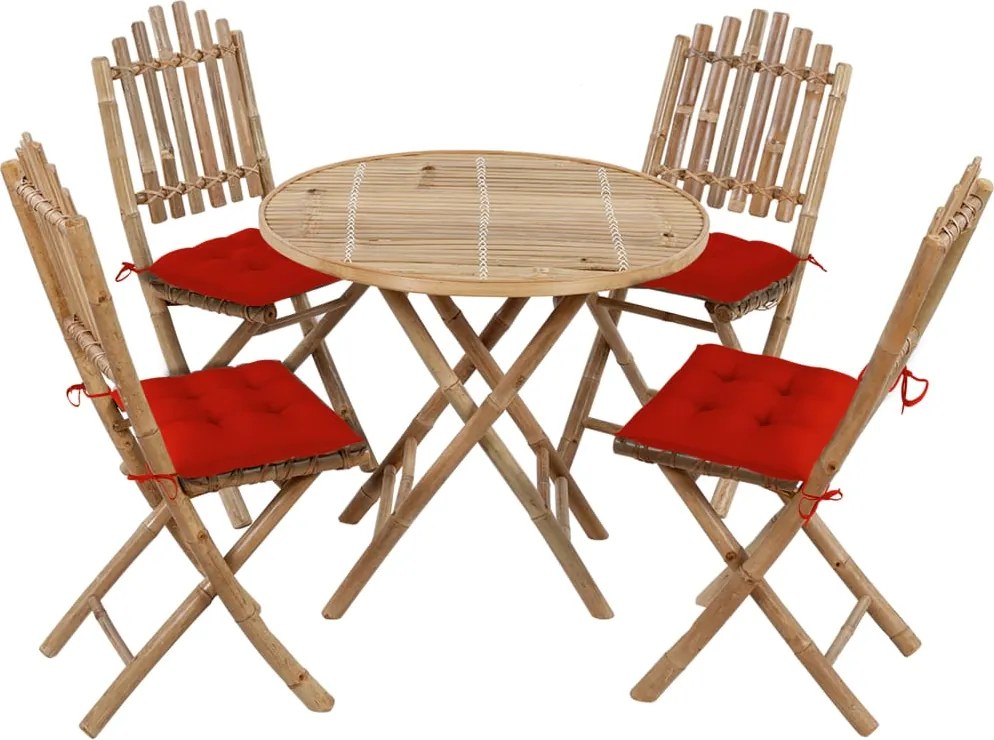 vidaXL 5 pcs conj. de jantar dobrável c/ almofadões p/ exterior bambu