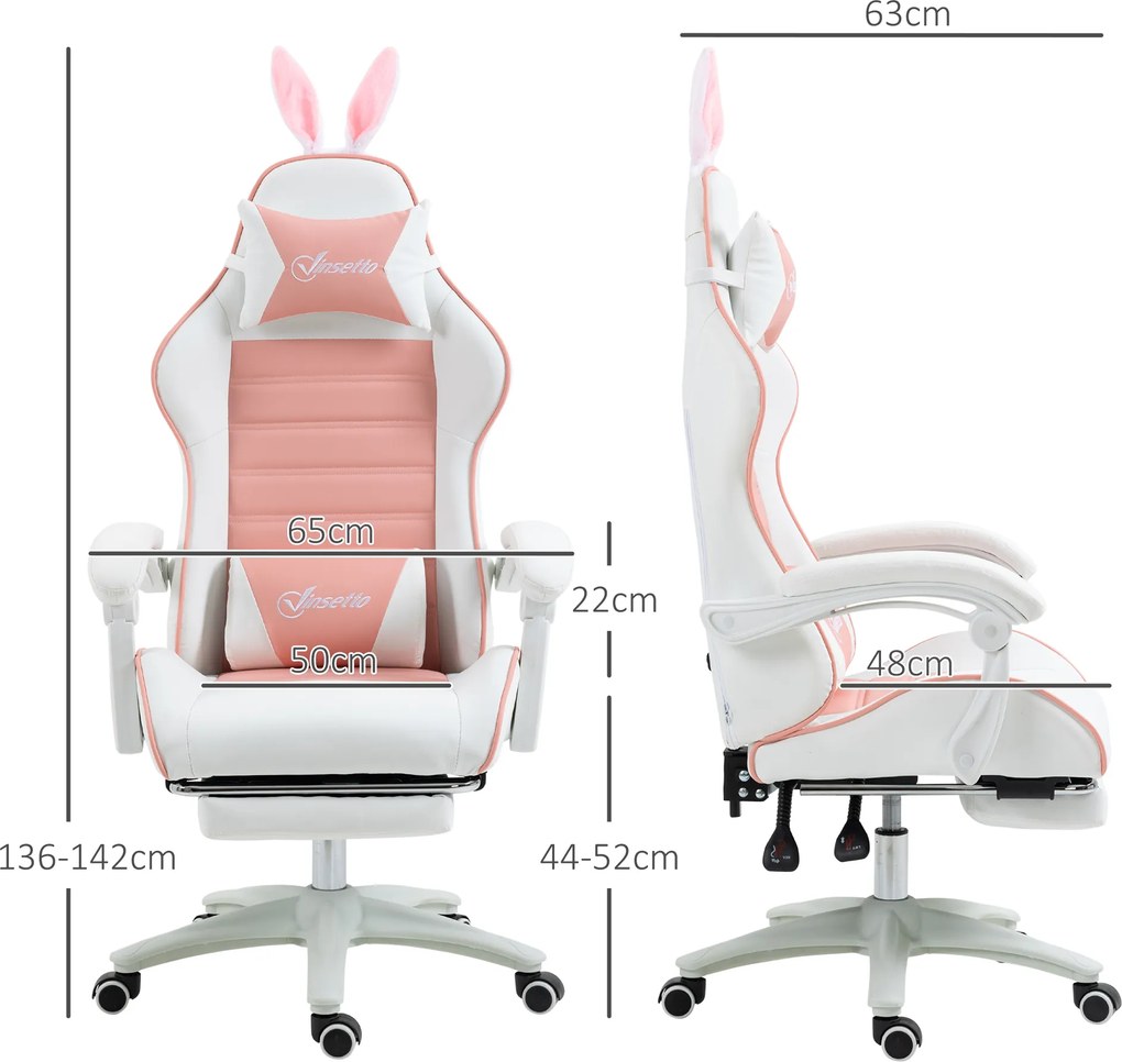 Cadeira Gaming Giratória de Couro PU com Altura Ajustável Inclinável 135° Apoio para a Cabeça 65x63x136-142 cm Rosa e Preto