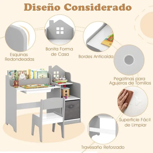 Conjunto de secretaria e cadeira de estudo para crianças com prateleiras abertas Gaveta e cesto de tecido Cinzenta