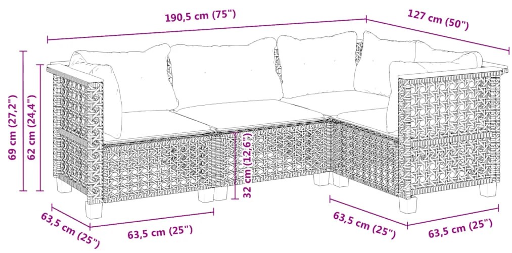 4 pcs conjunto de sofás para jardim c/ almofadões vime PE preto