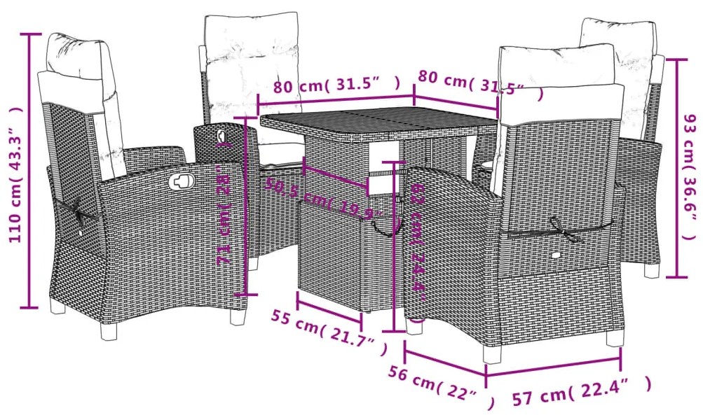 5 pcs conjunto de jantar p/ jardim c/ almofadões vime PE cinza