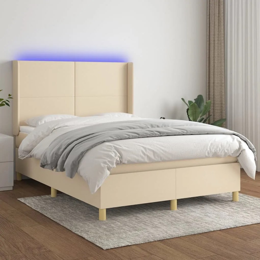 Cama box spring c/ colchão e LED 140x200 cm tecido cor creme